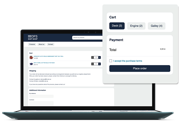 DFS Ship Shops e-handelsplattform i desktopvy, som visar en varukorg med avdelningsspecifika kundvagnar och en förenklad kassa för smidigare inköp.